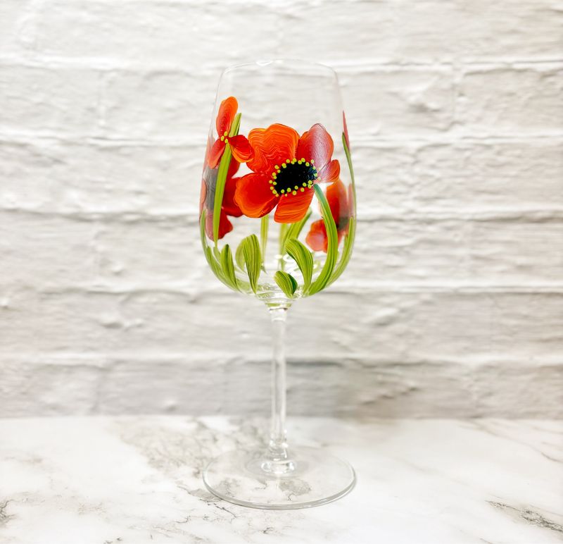 Hand Painted Red Poppies - Stemmed Glasses