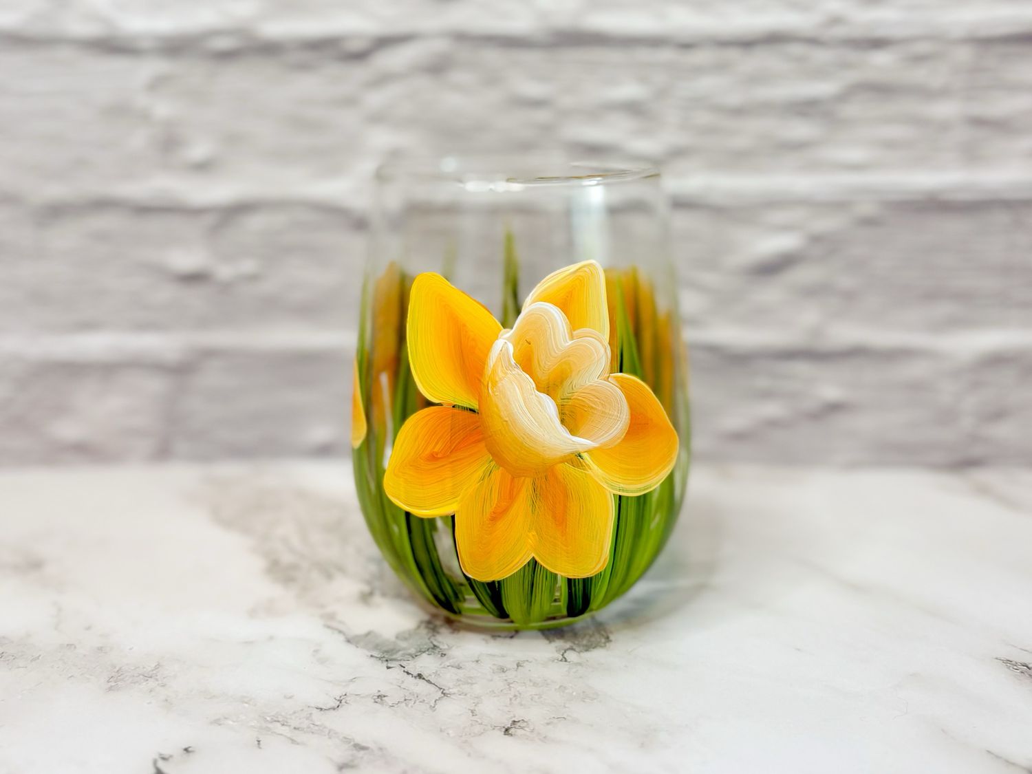 Hand Painted Daffodil STEMLESS Glass