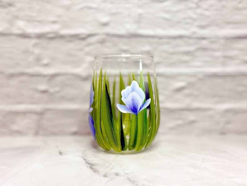 Hand Painted Iris STEMLESS Glass