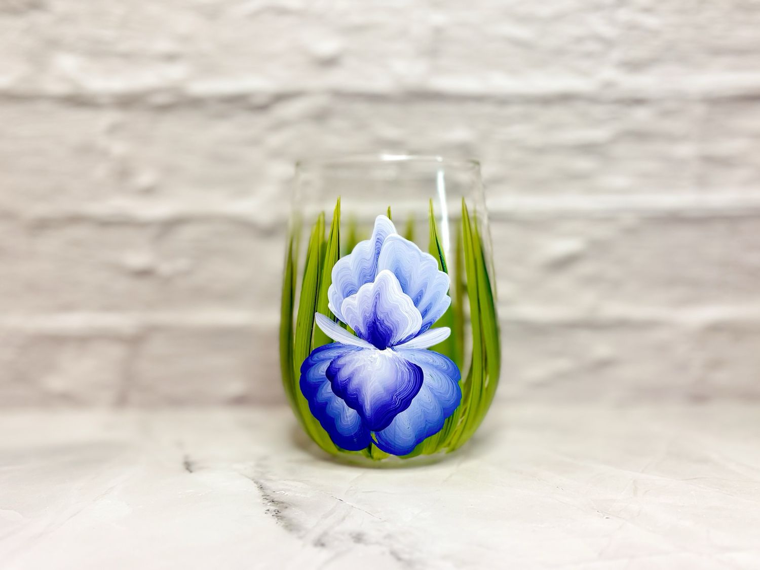Hand Painted Iris STEMLESS Glass