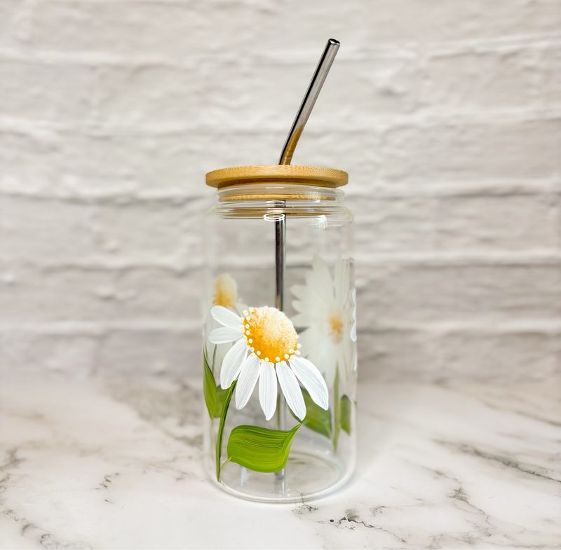 Hand Painted White Daisy Beer Can Cup
