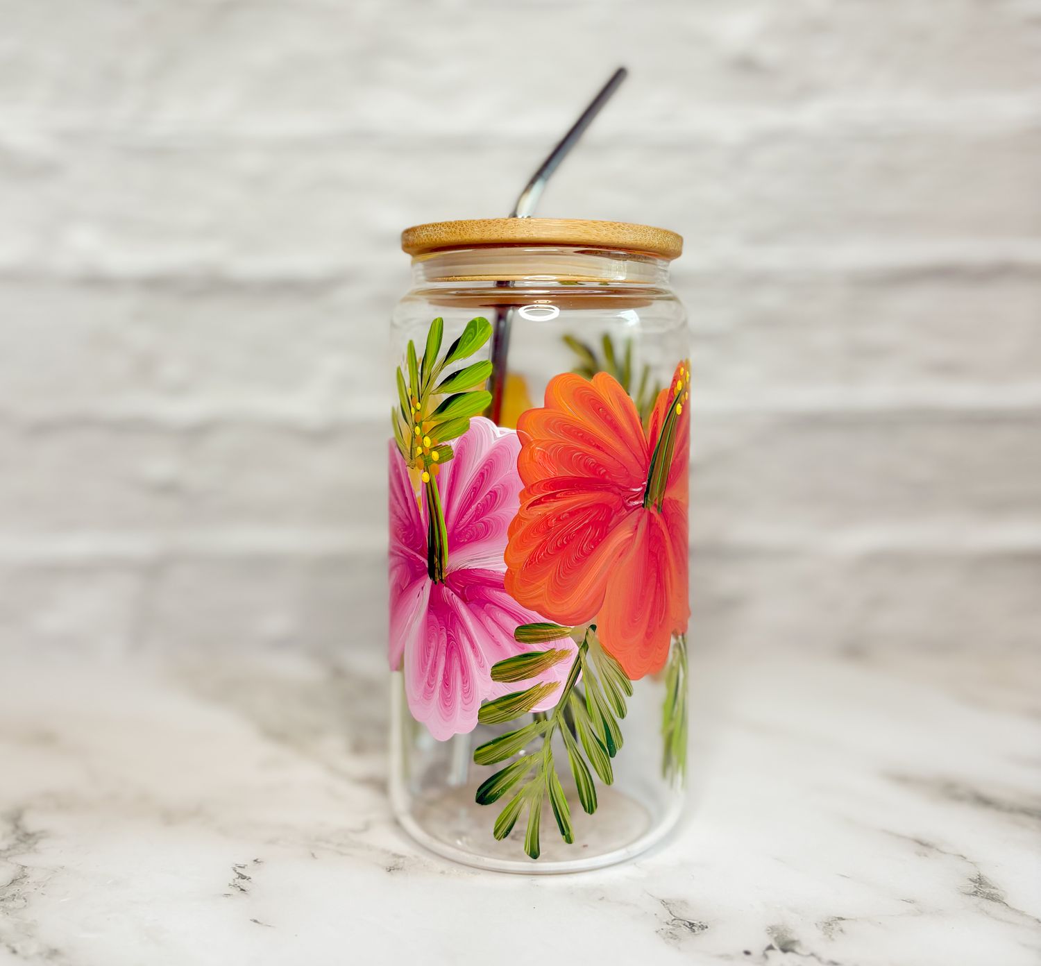 Hand Painted Hibiscus Beer Can Cup
