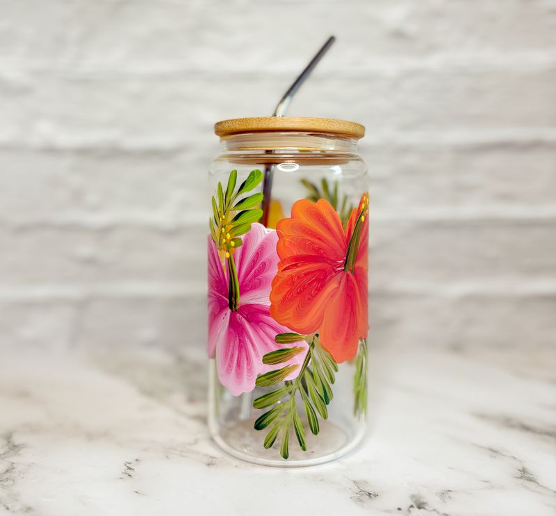 Hand Painted Hibiscus Beer Can Cup