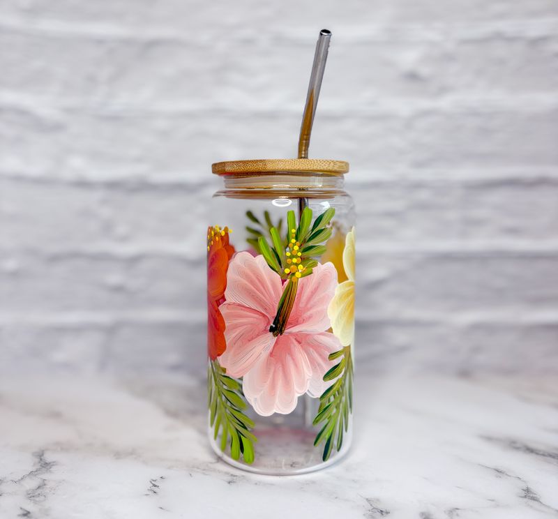 Hand Painted Hibiscus Beer Can Cup