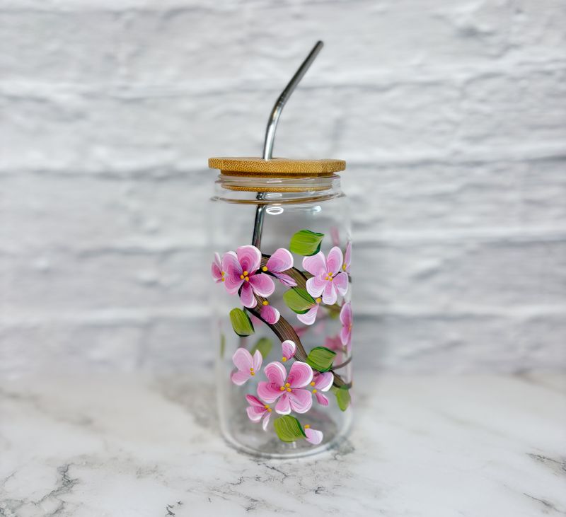 Hand Painted Cherry Blossom Beer Can Cup