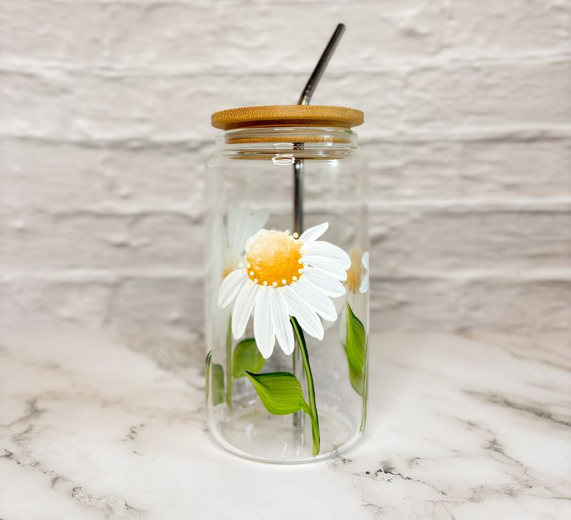Hand Painted White Daisy Beer Can Cup