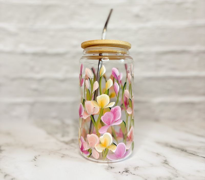 Hand Painted Sweet Pea Beer Can Cup