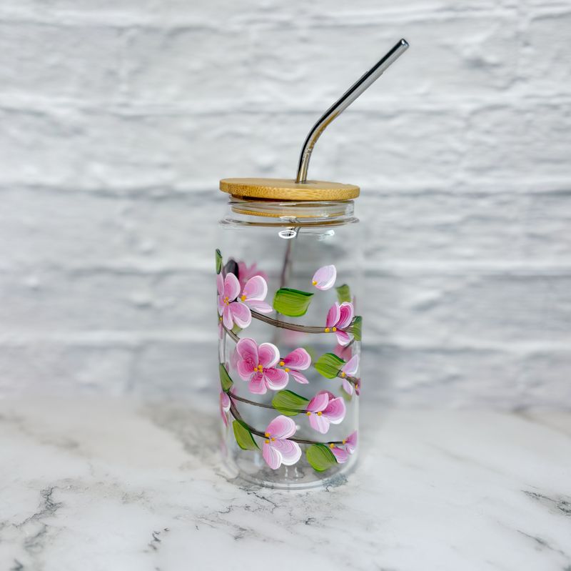 Hand Painted Cherry Blossom Beer Can Cup