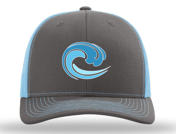 trucker hat; grey/ light blue
