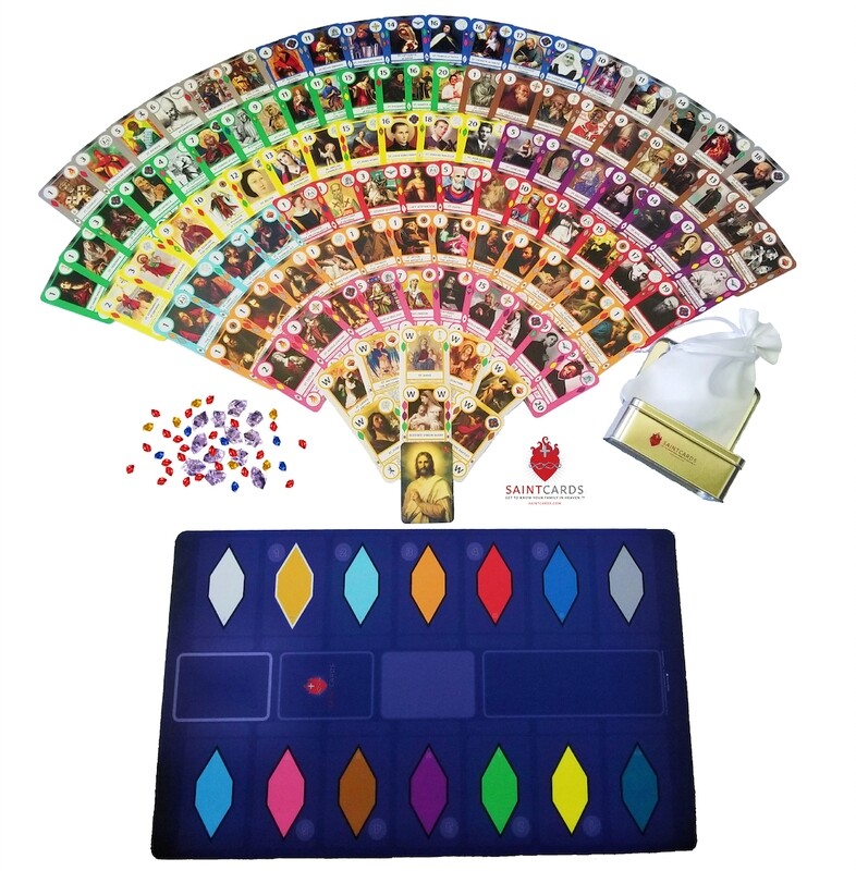 SaintCards: Deluxe Base Game Bundle (106 SaintCards w/Tin &amp; Deluxe Blue Game Mat)