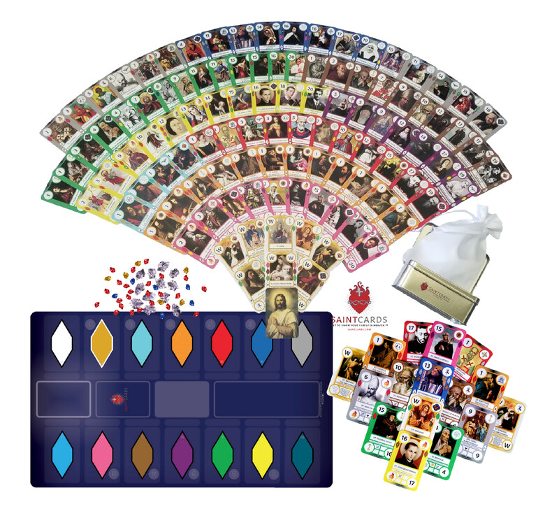 SaintCards: Extraordinary Form Base Game Bundle (106 SaintCards w/Tin, 1960 Calendar Expansion, &amp; Deluxe Blue Game Mat)