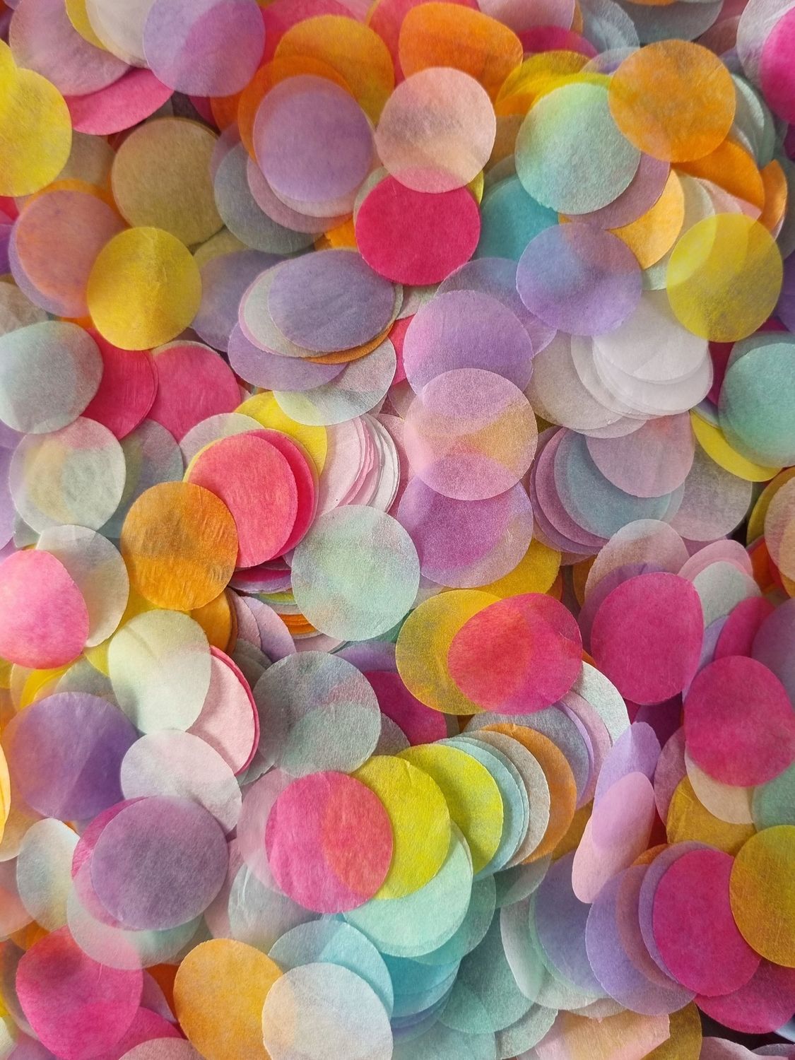 Circle Confetti in Sunshine Yellow, Pastel Blue, Lilac, White, Pastel Pink, Apricot Orange and Hot Pink