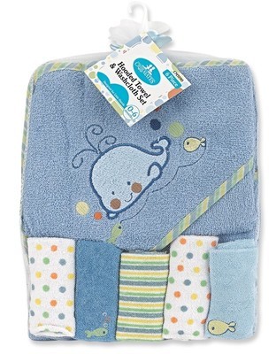 Blue Whale Hooded Towel and 5 Piece Washcloth Set