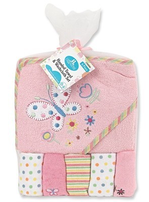 Pink Butterfly Hooded Towel and 5 Piece Washcloth Set