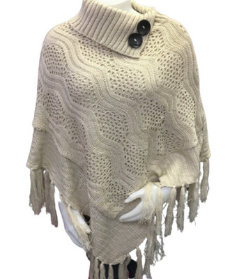 Cream Color Knit Poncho With 2 Buttons