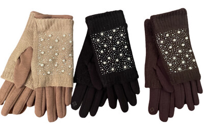 Fleece Glove With Knit Around Hand With Pearls & Small Rhinestones