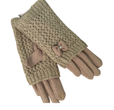 Tan Fleece Glove With Crochet Pattern With Side Bow