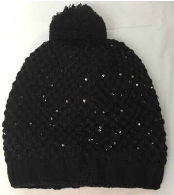Black Knit With Sequins And Fleece Lining Pom-Pom Hat