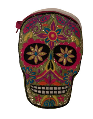 Sugar Skull Embroidered Coin Purse With Zipper
