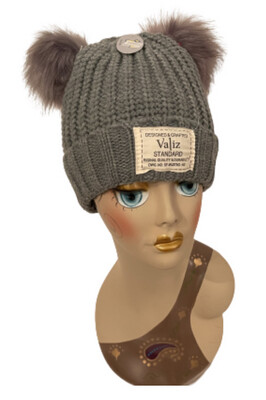 Cute Double Pom-Pom With Front Tag Winter Cap With Fleece Lining