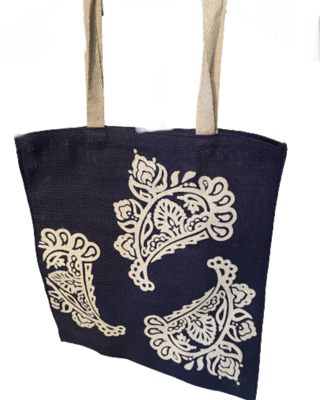 Navy Burlap With Cotton Handle Tote Bag