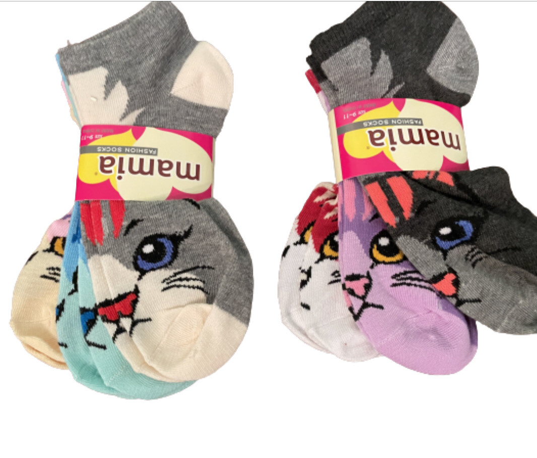 Three Pair Cat Face Ankle Socks