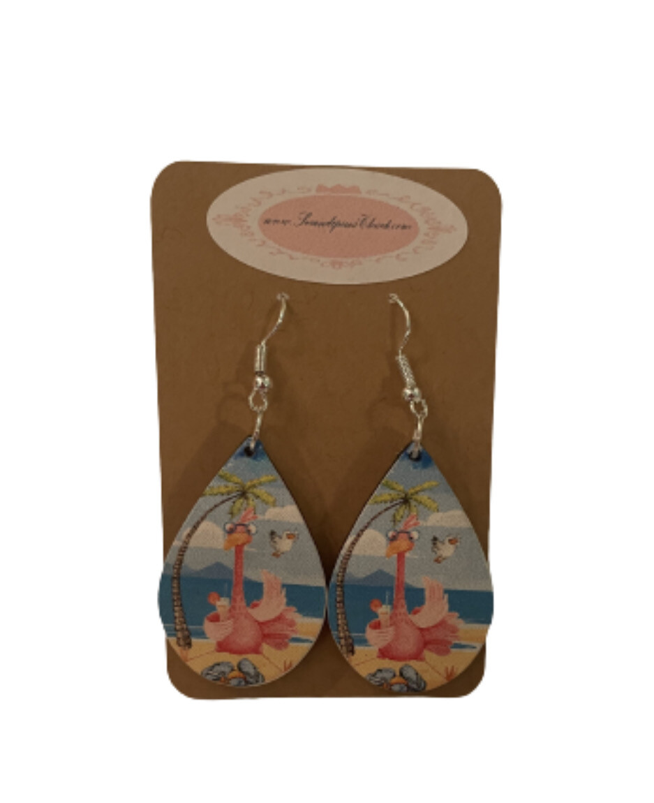 Flamingo On The Beach With Glasses & Cocktail Hypoallergenic Fish Hook Earrings