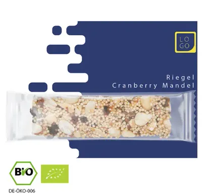 Bio Knusperriegel Cranberry-Mandel 25g auf Werbekarte (Vegan)