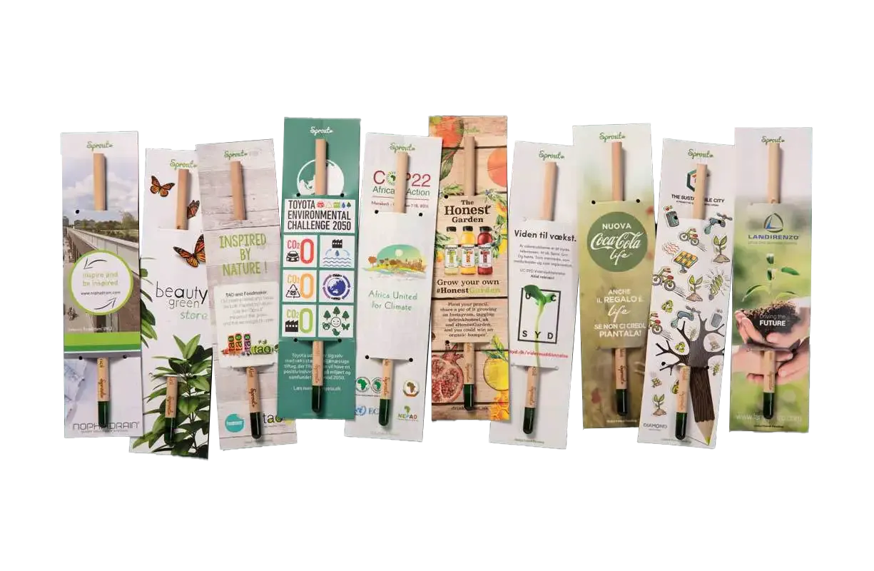 Sprout Bleistift auf Trägerkarte mit Samenkapsel zum einpflanzen als Giveaway mit Logo