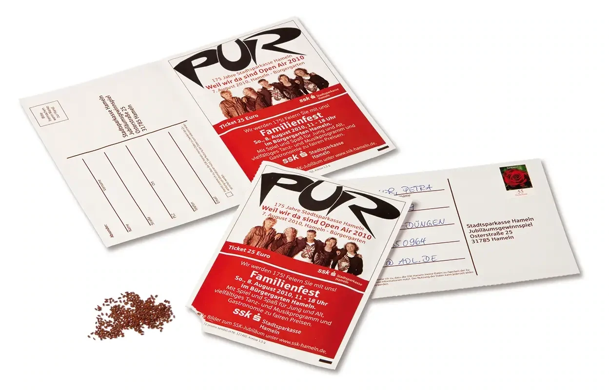 Coupon-Saatpostkarte inklusive Digtialdruck als Giveaway mit Logo