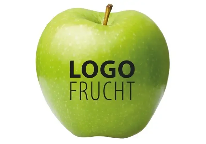 Logo Apfel grün bedruckt mit Lebensmittelfarbe als Werbeartikel / Giveaway für Messen und Events