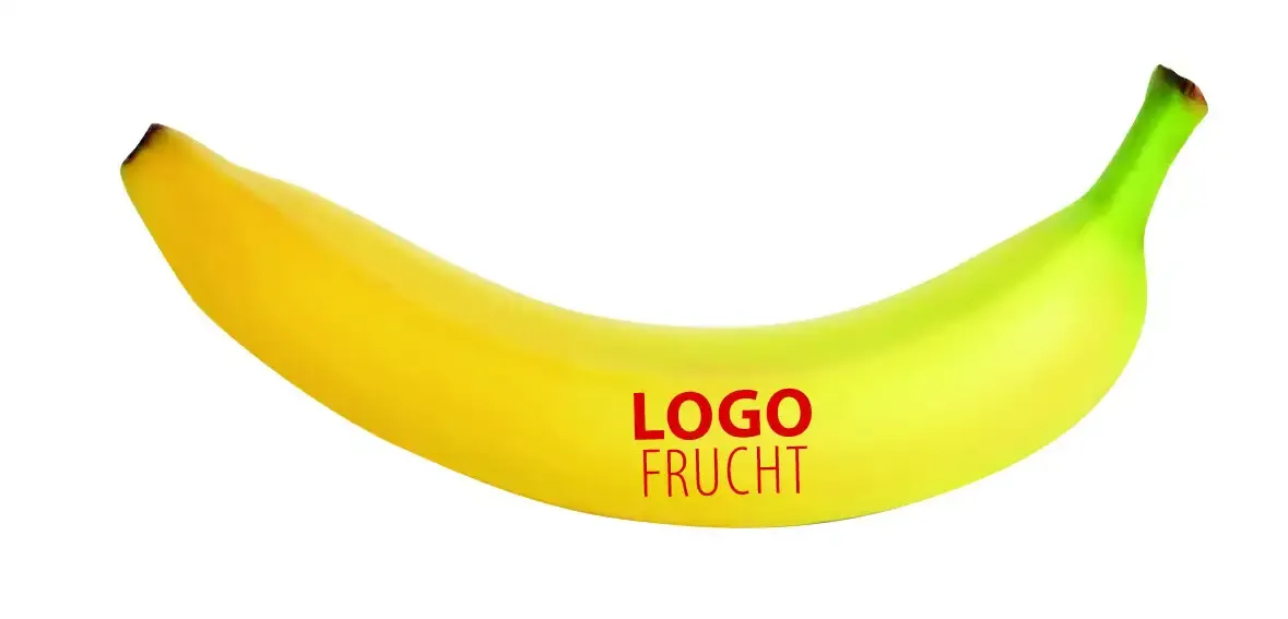 Logo Banane bedruckt mit Lebensmittelfarbe als Werbeartikel / Giveaway für Events und Messen