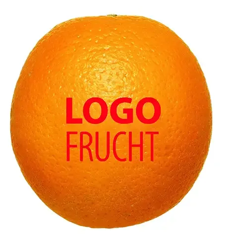 Logo Orange bedruckt mit Lebensmittelfarbe als Werbeartikel / Giveaway für Events und Messen