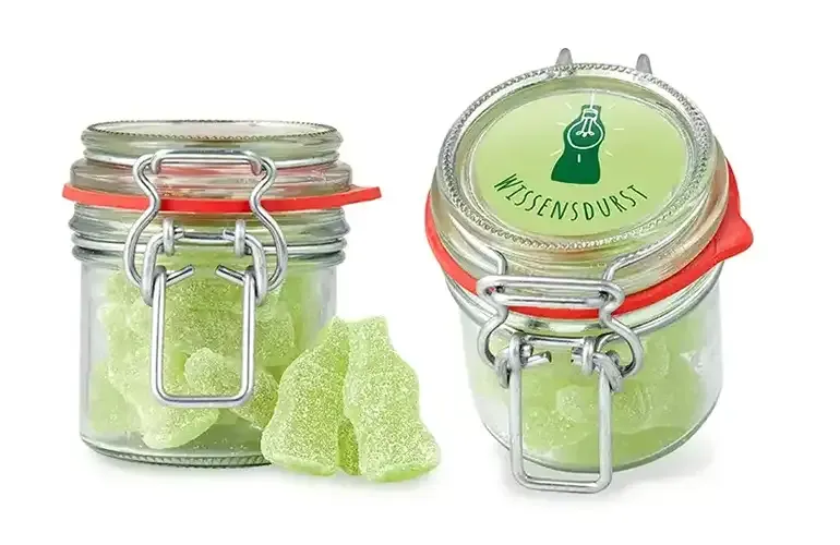 Bügelglas XS mit Süßigkeiten-Füllung nach Wahl inklusive Digitaldruck auf dem Klebeetikett auf dem Deckel als Werbegeschenk