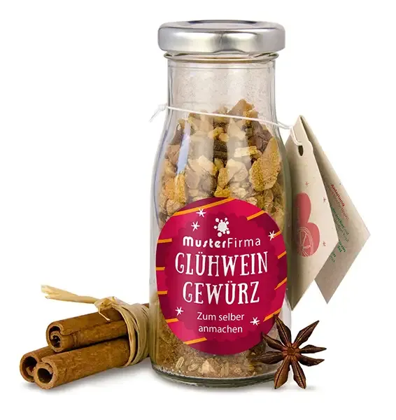DIY Flasche Glühweingewürz zum Selbermachen inklusive Digitaldruck auf dem Etikett als hochwertiges Werbegeschenk mit Logo