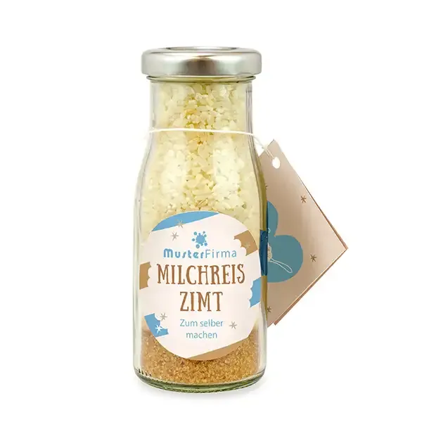 DIY Flasche Milchreis Zimt (Vegan) zum Selbermachen inklusive Digitaldruck auf dem Etikett als Werbegeschenk mit Logo