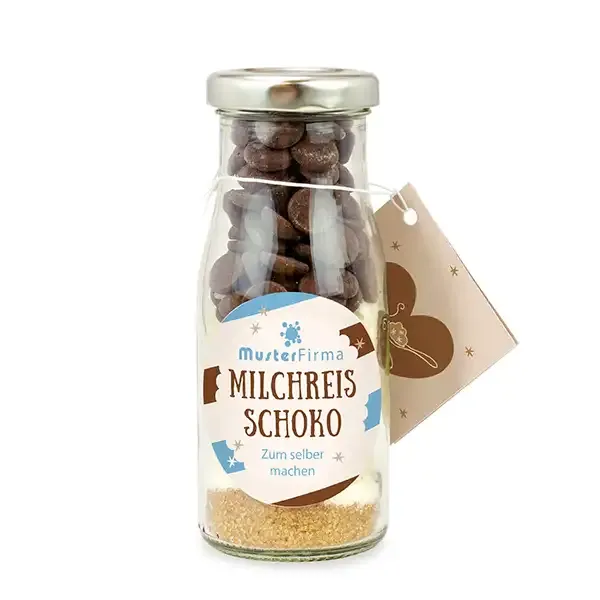 DIY Flasche Milchreis Schoko (Vegan) zum Selbermachen inklusive Digitaldruck auf dem Etikett als Werbegeschenk mit Logo
