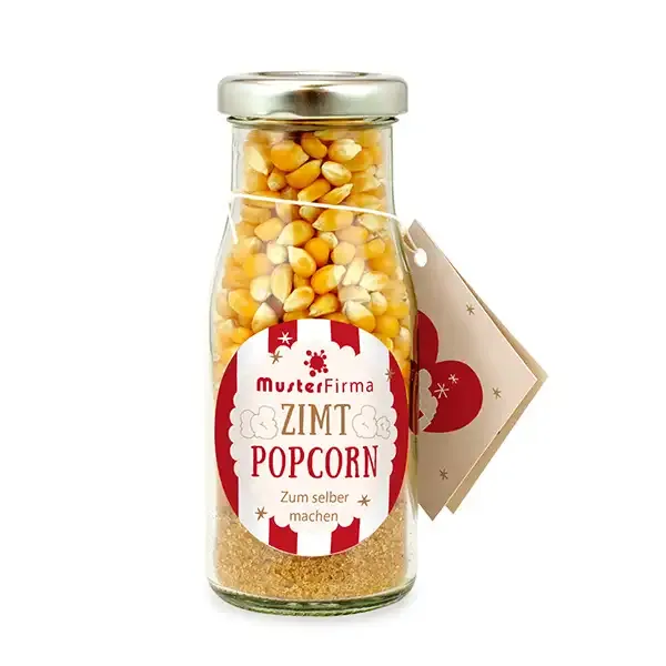 DIY Flasche Zimt Popcorn (Vegan) zum Selbermachen inklusive Digitaldruck auf Etikett als hochwertiger Werbeartikel mit Logo