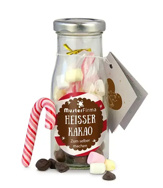 DIY Flasche Heißer Kakao zum Selbermachen inklusive Digitaldruck auf dem Etikett als hochwertiges Werbegeschenk mit Logo