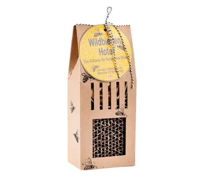 Wildbienenhotel aus Naturpappe mit Logostempel oder bedrucktem Hangtag als Werbeartikel für den Sommer mit Logo