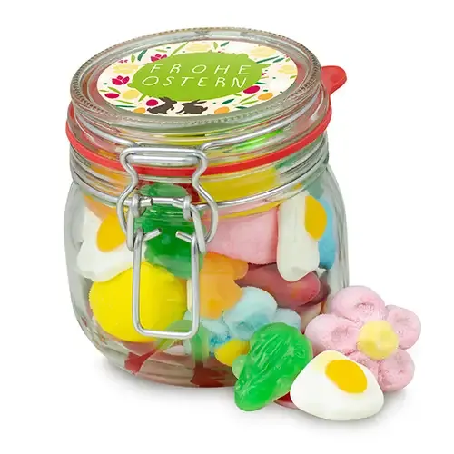Oster-Fruchtgummi-Schaumzucker-Mischung, verpackt im Bügelglas mit Klebeetikett inklusive Digitaldruck als Werbegeschenk