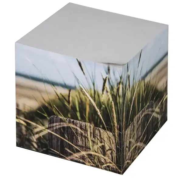 Notizwürfel 9 x 9 x 9cm aus Altpapier mit Druck als Werbeartikel für Mitarbeitende mit Logo