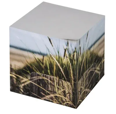 Notizwürfel 9 x 9 x 9cm Notizwürfel 9 x 9 x 9cm aus Altpapier mit Druck als Werbeartikel für Mitarbeitende mit Logo