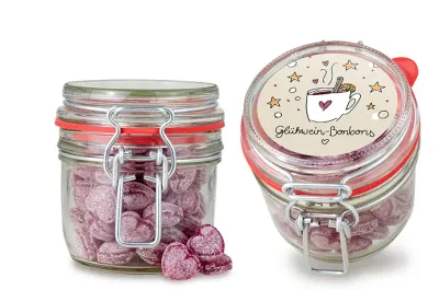 Glühweinglas Small Glühweinbonbons in Herzform (ohne Alkohol), verpackt im Bügelglas mit Klebeetikett inklusive Digitaldruck als Werbegeschenk