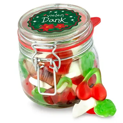 Wintervorrat Medium 340 g süße Weihnachtsmischung, verpackt im Bügelglas mit Klebeetikett inklusive Digitaldruck als Werbegeschenk