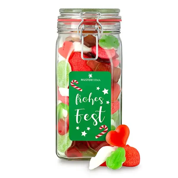 800g Süße Weihnachtsmischung, verpackt im Bügelglas mit Klebeetikett inklusive Digitaldruck als Werbegeschenk mit Logo