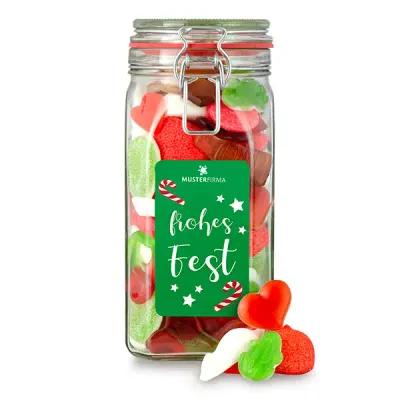800g Süße Weihnachtsmischung, verpackt im Bügelglas mit Klebeetikett inklusive Digitaldruck als Werbegeschenk mit Logo