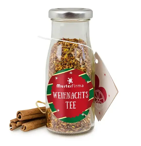 DIY Flasche Weihnachtstee zum Selbermachen inklusive Digitaldruck auf dem Etikett als hochwertiges Werbegeschenk mit Logo