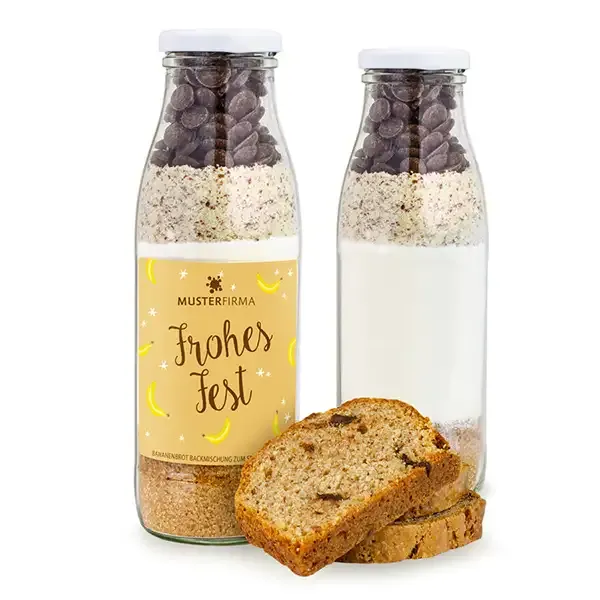 Bananenbrot Backmischung zum Selbermachen abgefüllt in Glasflasche inklusive Druck auf dem Etikett als Werbeartikel mit Logo