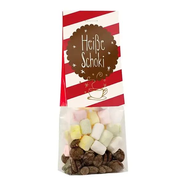 Naschbeutel Heiße Schokolade zum Selbermachen inklusive Digitaldruck auf der Werbekarte als Werbegeschenk zu Weihnachten